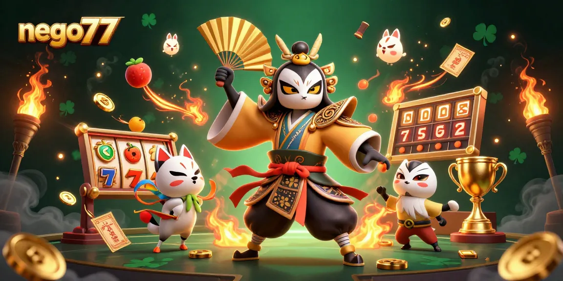 Play slots and hit max wins with nego77, featuring vibrant casino-themed 3D illustration.