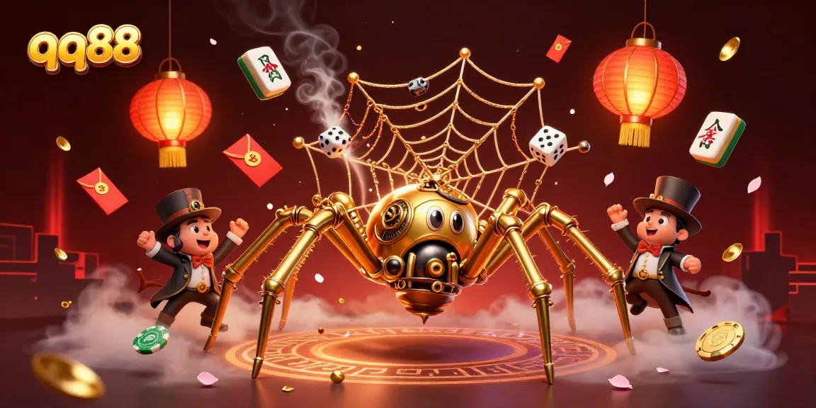 Engage with a vibrant qq88-themed casino scene featuring a whimsical spider in gold, capturing dice amidst festive elements.