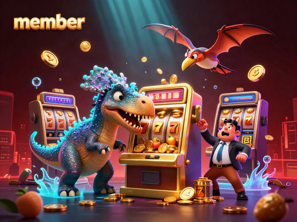 member slot machine jackpot scene with dinosaurs in a lively casino environment