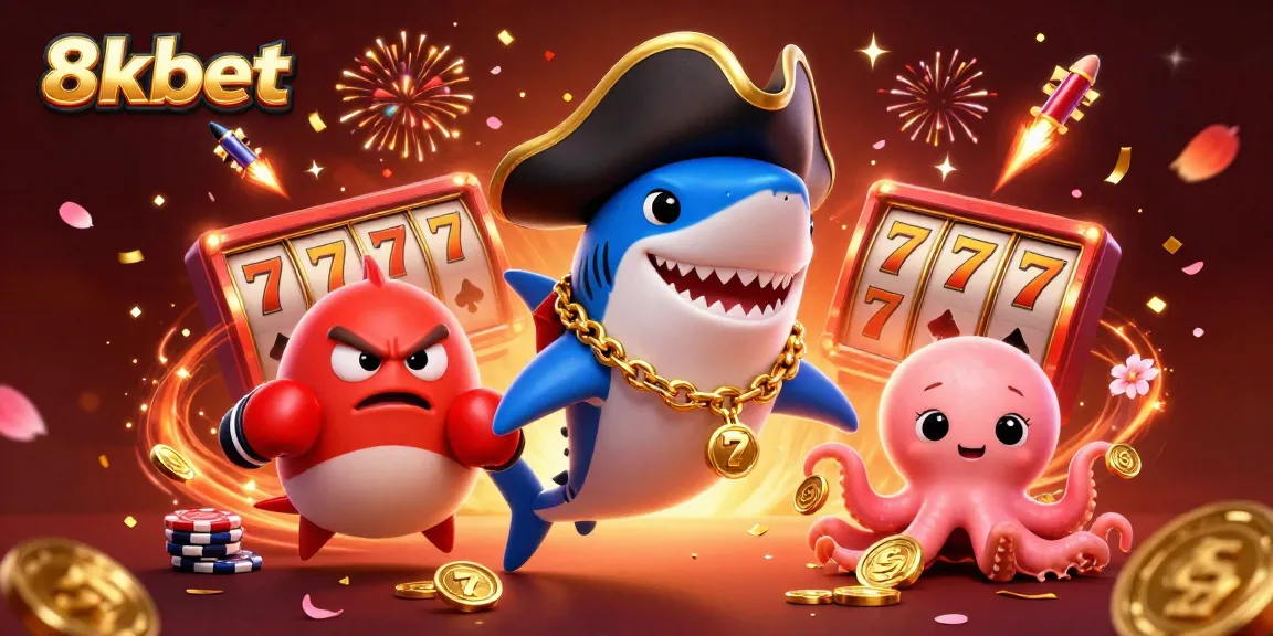 Experience the thrill of 8xbet with a lively illustration featuring a pirate shark and casino elements.