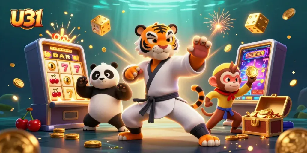 Play exciting casino games with U31's vibrant characters and golden jackpots in a dynamic 3D scene