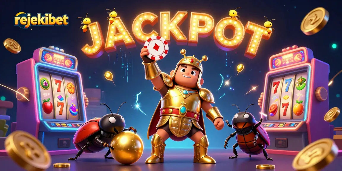 Celebrate wins at rejekibet with a vibrant casino scene featuring characters and slot machines.