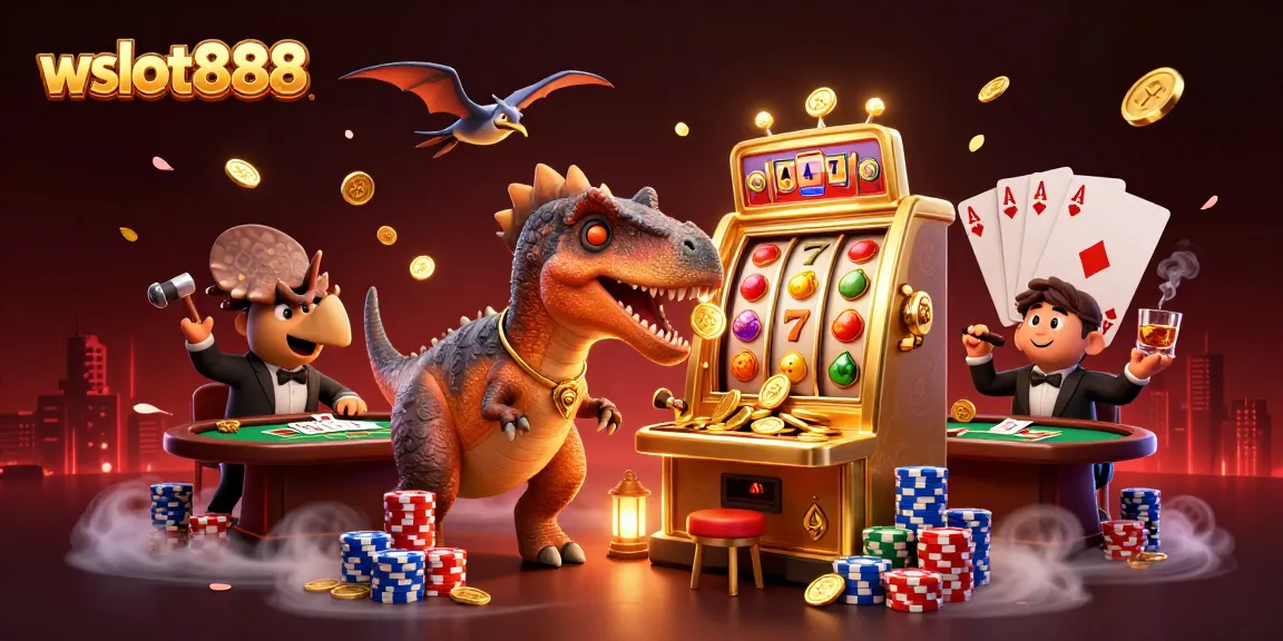 Bermain wslot888 dengan slot mesin emas yang mengeluarkan koin jackpot, dikelilingi permainan poker