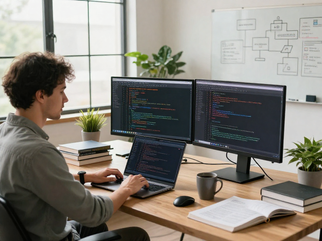 Developer menggunakan wifi4d di ruang kerja modern dengan laptop dan monitor.