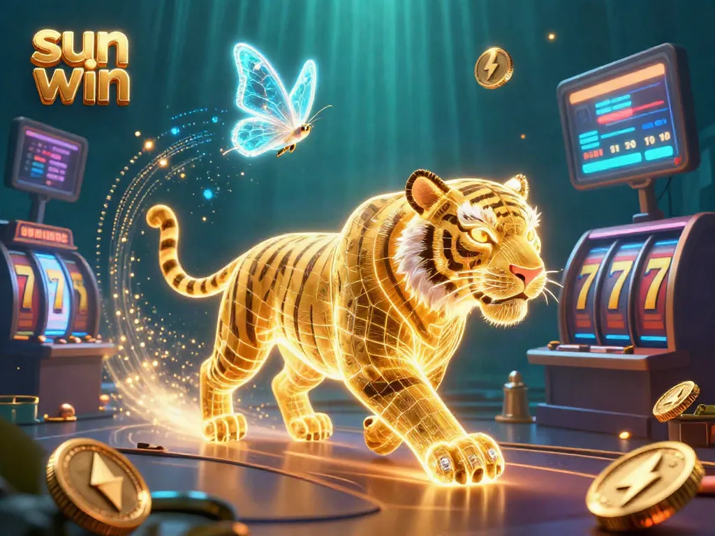 Engage with sun win's thrilling digital casino scene featuring a glowing light energy tiger and jackpot elements.