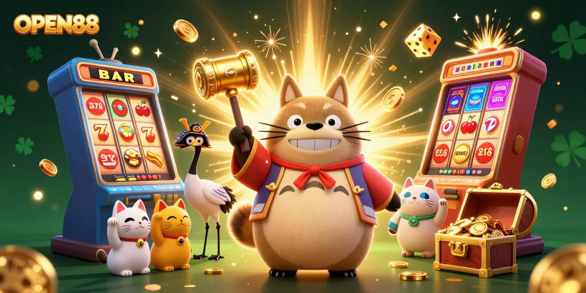 OPEN88 offers immersive casino experiences illustrated with cheerful tanuki and lucky symbols.