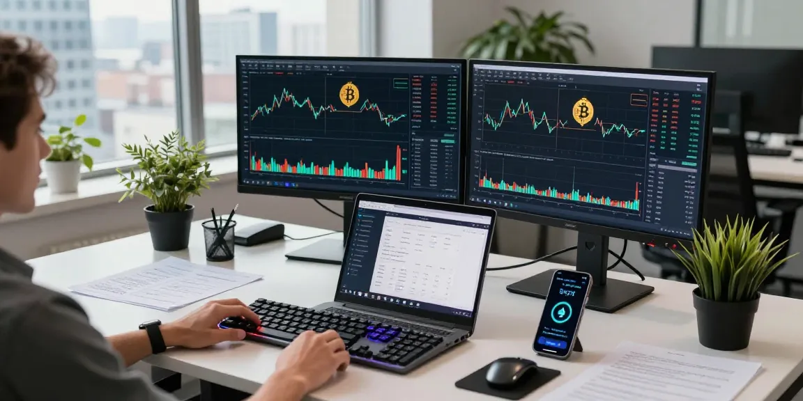 Playexch247 trading atmosphere showcasing a cryptocurrency workspace with advanced technology, live charts, and digital wallet integration.