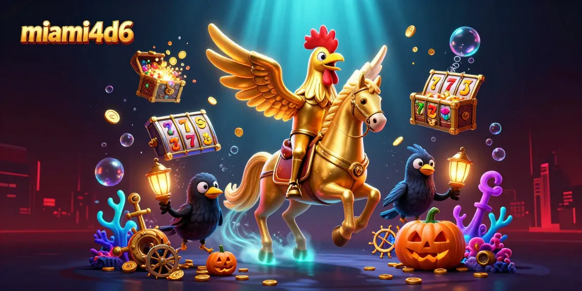 Engage with miami4d6's vibrant slots scene featuring a golden rooster and a spectral horse.