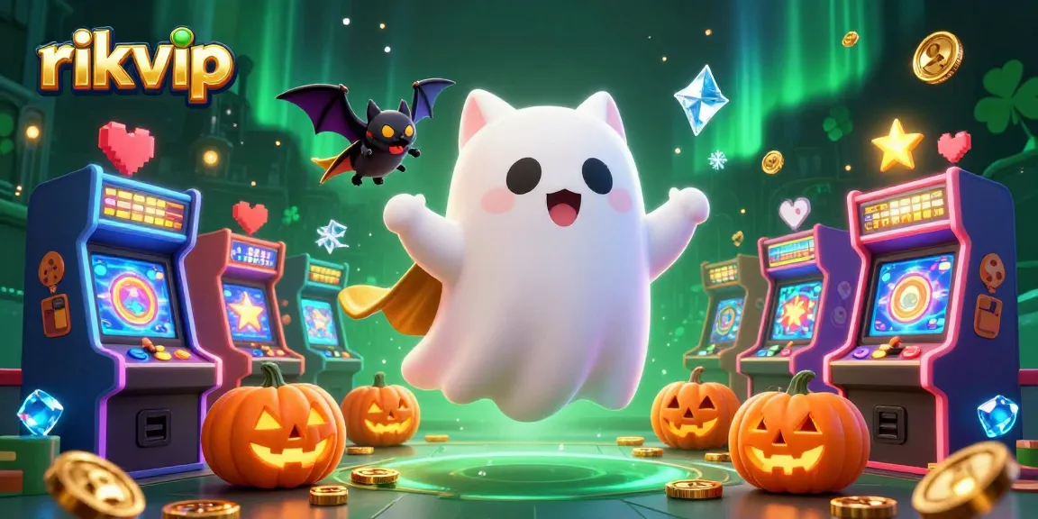 Experience excitement at rikvip with a friendly ghost cat and vampire bat in a haunted casino scene.