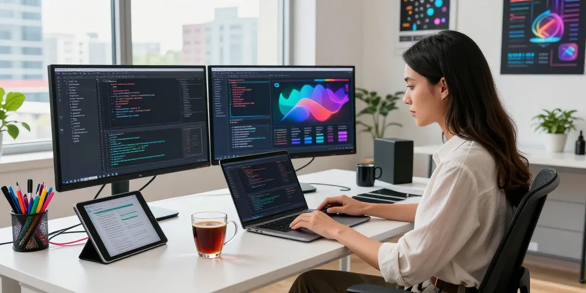 Developer coding in a modern workspace with multiple monitors showcasing coding and UI design, emphasizing the tech industry slot.