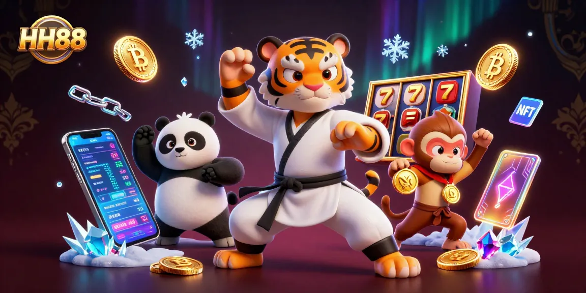 Engage with HH88 through vibrant gaming experiences featuring a kung fu tiger, panda, and monkey amid slot game elements.