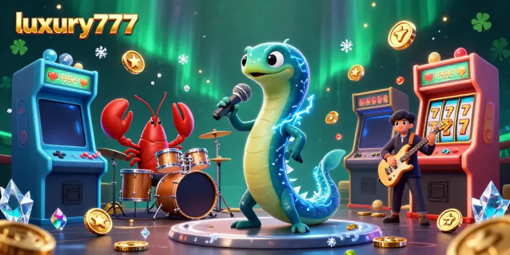Experience excitement at luxury777 with a vibrant 3D casino scene featuring musical underwater characters.