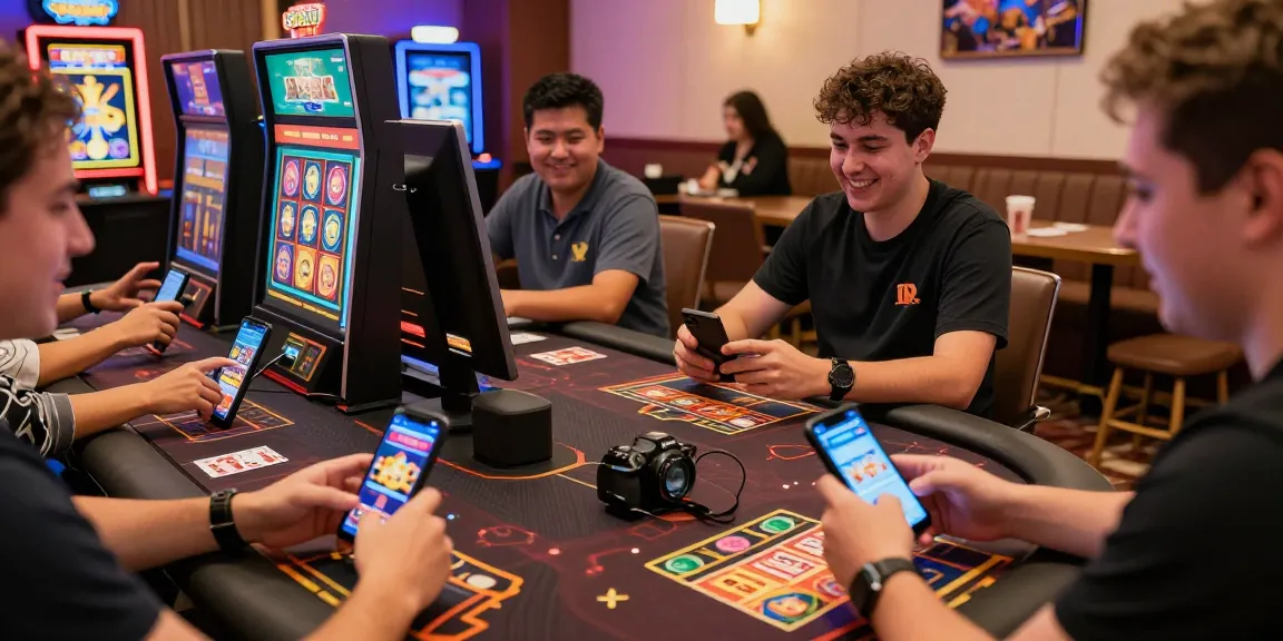 Players enjoying an online game on mobile devices in a lively gaming environment.