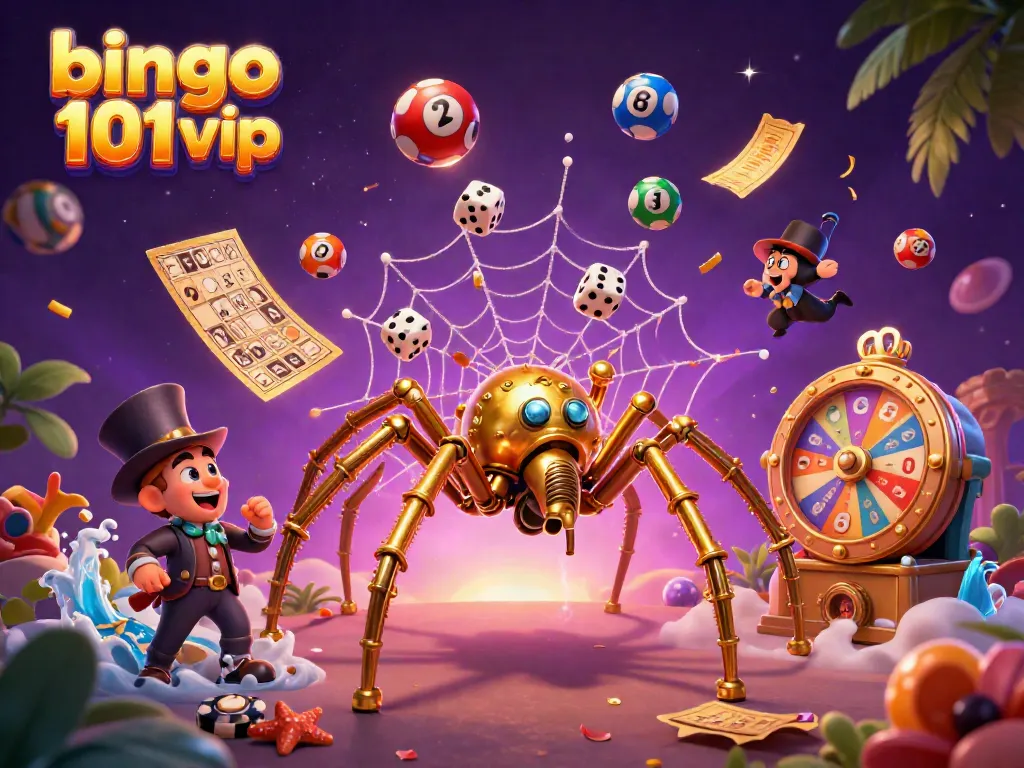 Menggambar karakter bingo 101 VIP dengan laba-laba emas dan bola bertuliskan nomor berwarna yang dinamis.