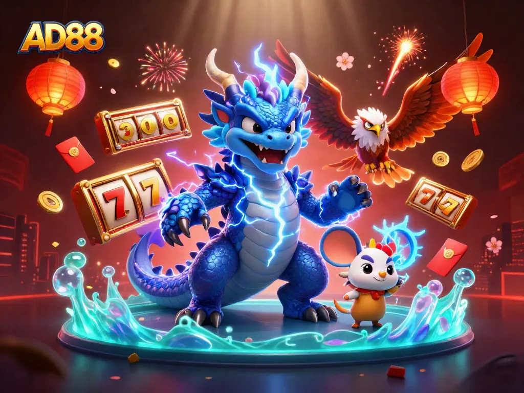 Engage with AD88's thrilling slots alongside dynamic characters in a vibrant casino celebration.
