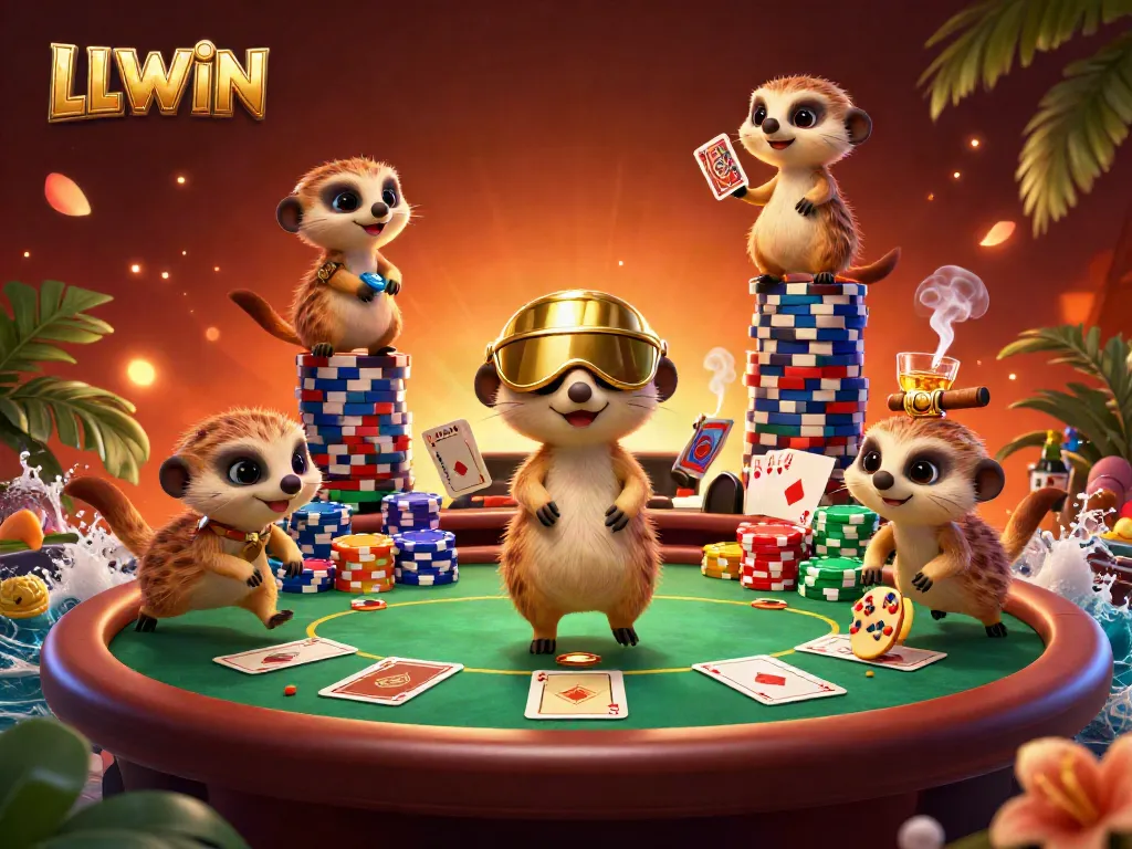 Meerkats operating a vibrant casino scene, showcasing LLWIN's thrilling gaming atmosphere and unique charm.