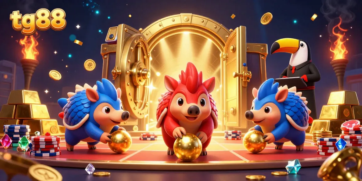 Play and win exciting casino games with tg88 in this vibrant 3D illustration featuring rival pangolins.