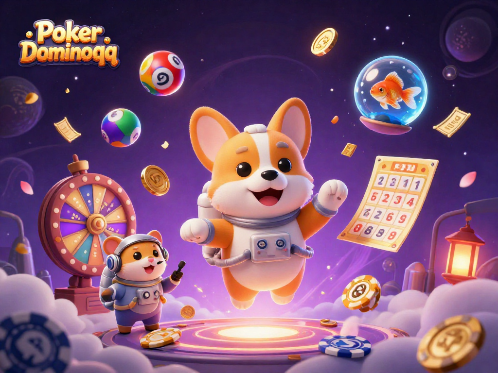 Experience Poker Dominoqq in a vibrant space casino scene with dynamic game elements and characters.