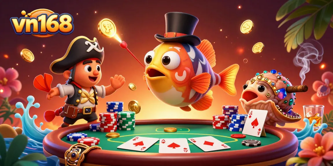 Engage with vn168's vibrant casino world as characters attract treasures with poker elements.