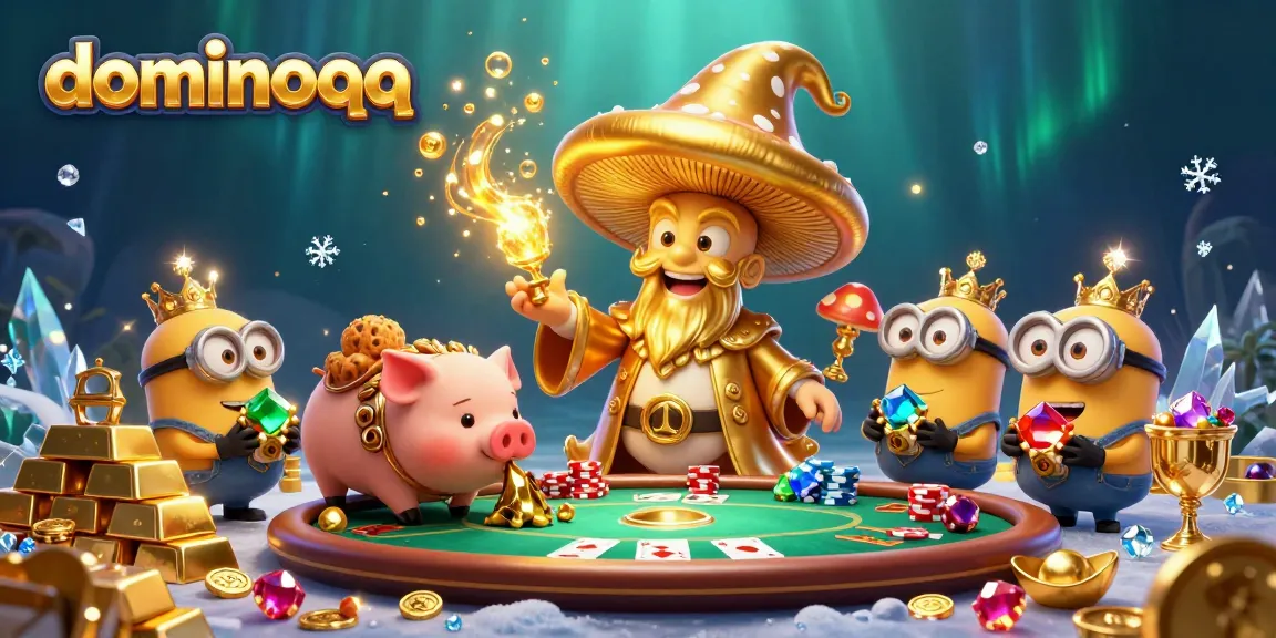 Dominoqq poker scene featuring treasures, golden mushrooms, and excitement in a vibrant casino illustration