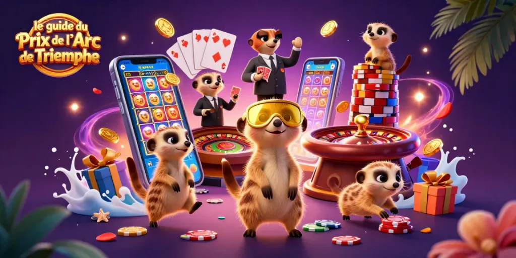 Engage with le guide du Prix de l'Arc de Triomphe through this lively casino scene featuring meerkats running games.