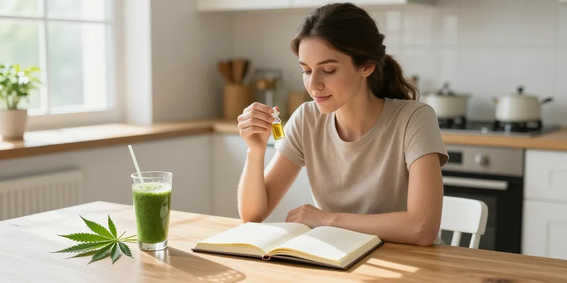 What is the legal vaping age in Cyprus as a young woman enjoys CBD oil in a natural wellness kitchen setting with organically sourced products.