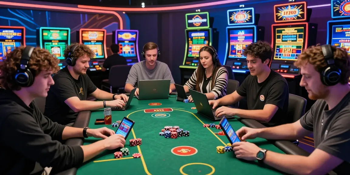 Thrilling online gaming experience at 78winnh net with players enjoying poker and slot machines in a vibrant virtual casino.