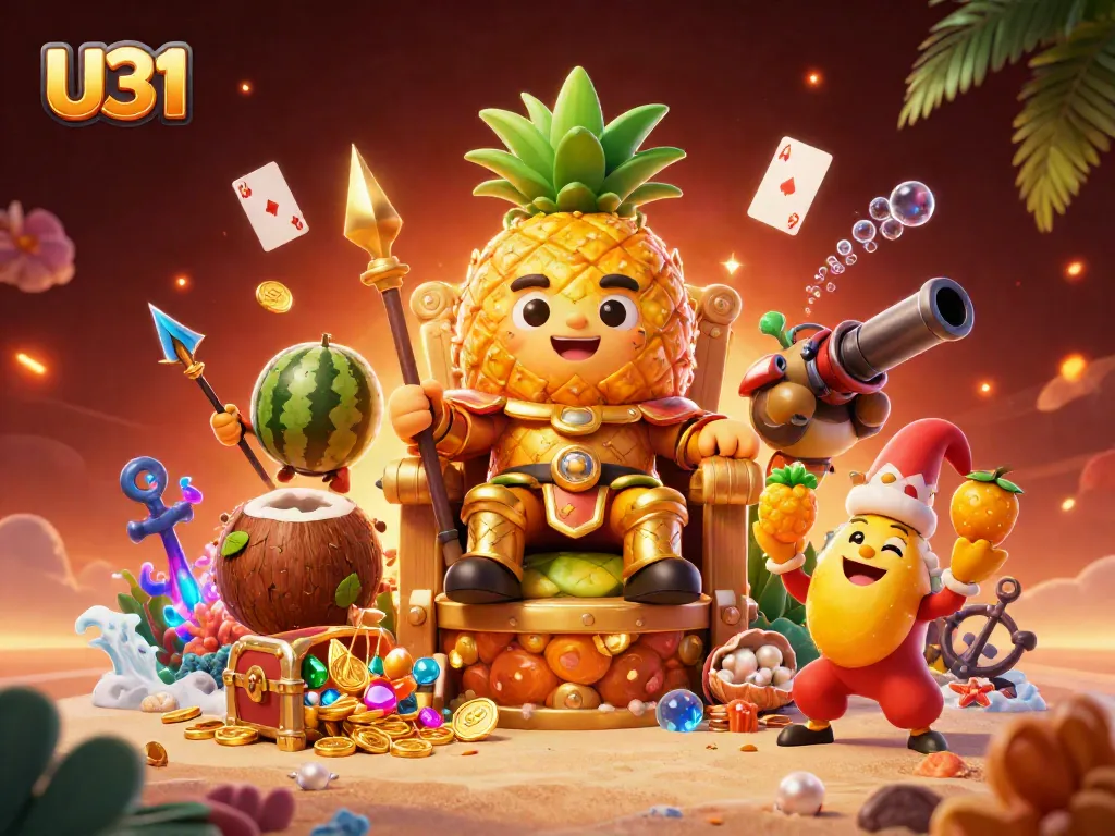 Win big with U31 in this vibrant 3D casino illustration, showcasing tropical themes and gaming elements.