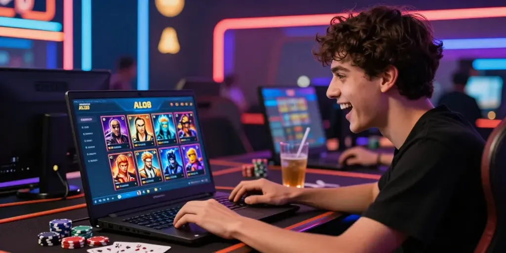 Exciting gaming environment showcasing ALO8 platform on laptop with vibrant neon casino graphics.