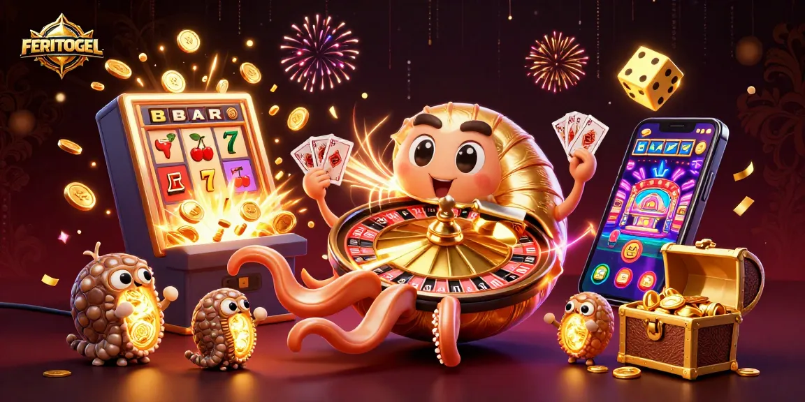 Experience the thrill of FERITOGEL with a stunning 3D jackpot scene filled with gaming excitement.