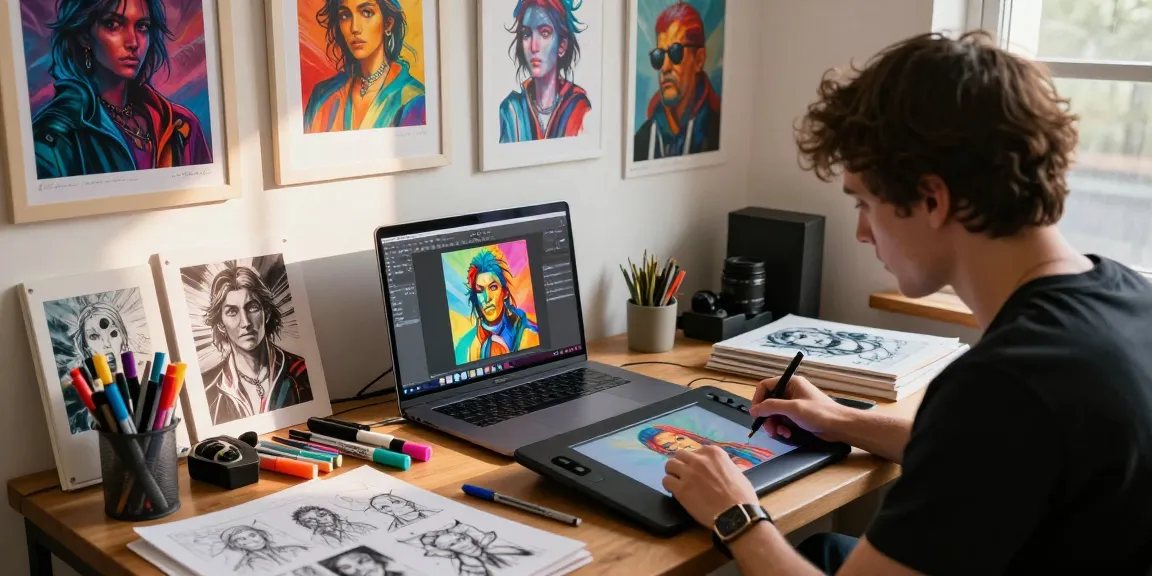 Creating NSFW AI visuals in a cozy digital art studio with colorful artwork and design tools.