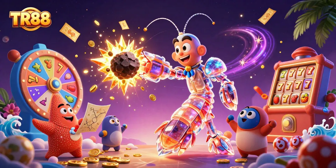 Engage with TR88 by joining a vibrant scene of 3D characters and dynamic slots, celebrating the thrill of gambling.