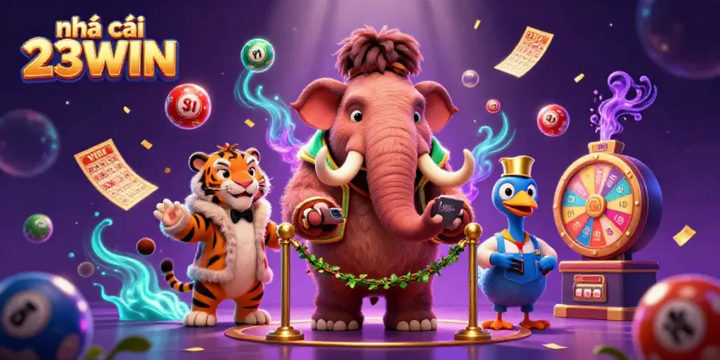 Experience the vibrant atmosphere of nhà cái 23WIN featuring energetic characters with lottery elements and casino excitement.