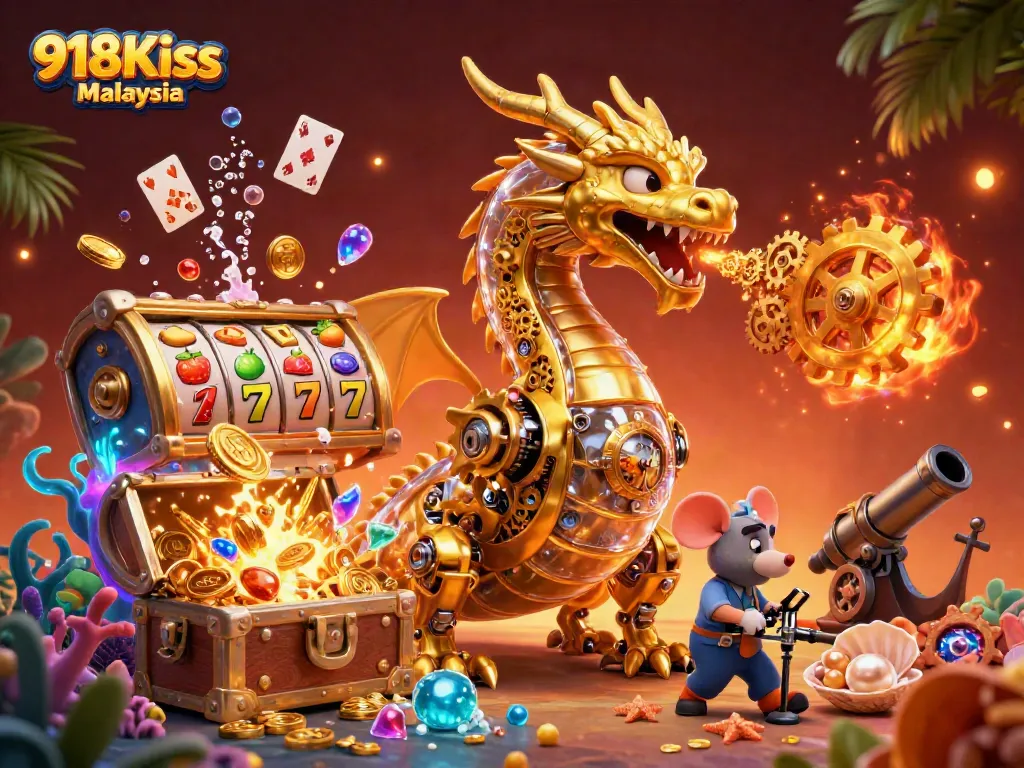 Win big with exciting gameplay in 918Kiss Malaysia, featuring a golden dragon and treasure!