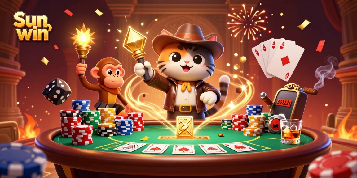 Sun win showcases a thrilling casino adventure with cartoon explorer and monkey amidst poker elements.