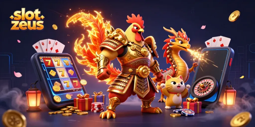 Slot Zeus: ilustrasi kartun 3D menampilkan karakter juara dengan elemen kasino berwarna-warni.