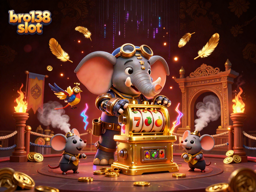 Gambarkan bro138 slot dengan mesin slot emas di arena pertarungan, dikelilingi koin emas dan embun berkilau.