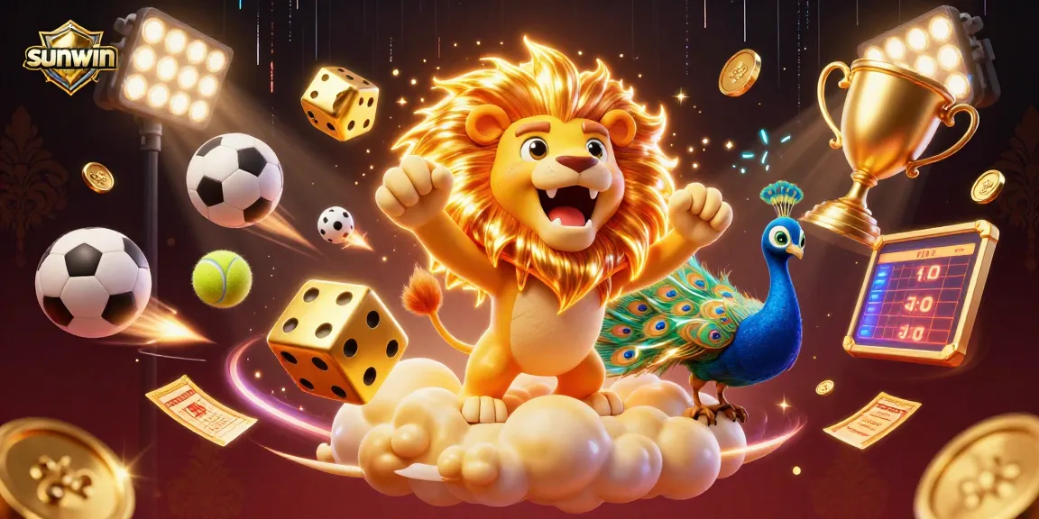 Experience sunwin excitement with a roaring lion and golden dice in a vibrant casino scene.