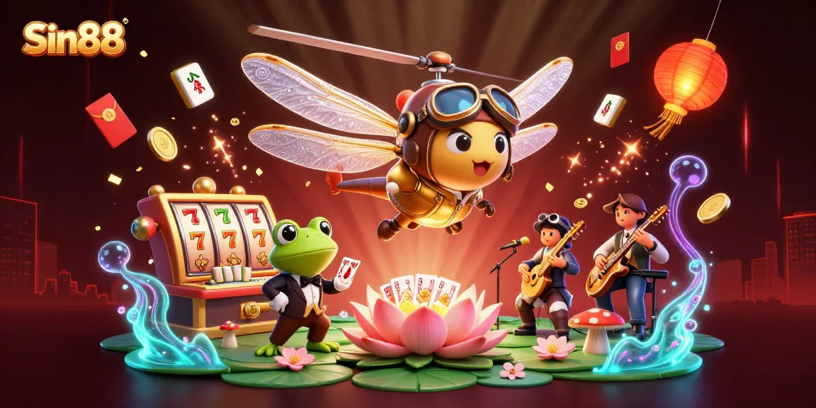 Experience thrilling wins with Sin88’s dynamic casino scene featuring a colorful dragonfly pilot and vibrant game elements.