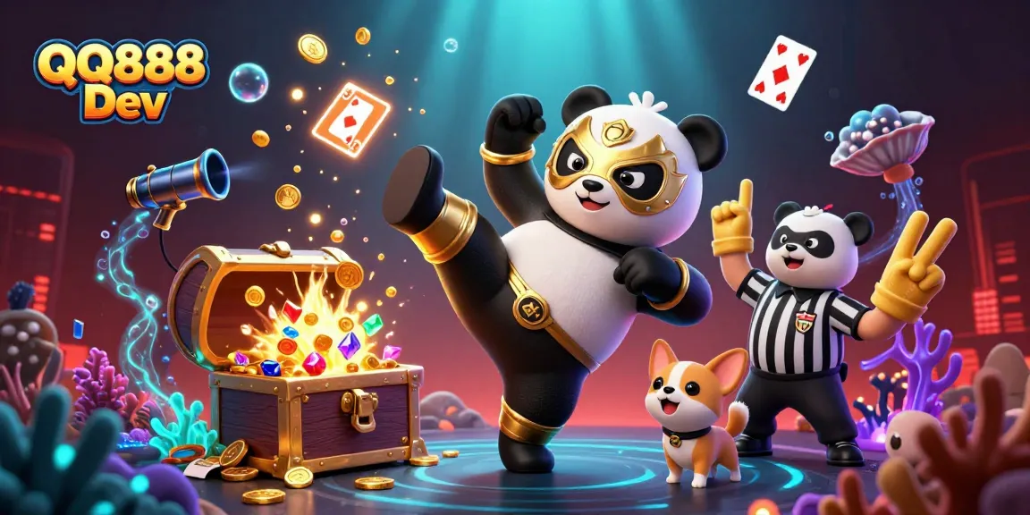 Experience the thrilling action of QQ888 Dev with a dynamic illustration showcasing a panda wrestler and excited animal fans.