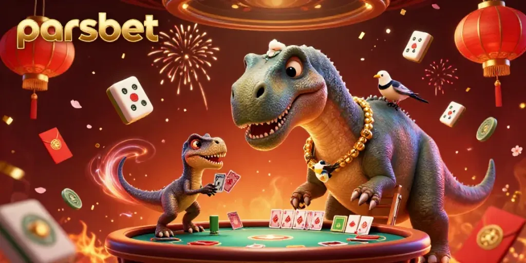 parsbet ile heyecan dolu bir casino sahnesinde, dev brontosaurus poker oyunu oynuyor.