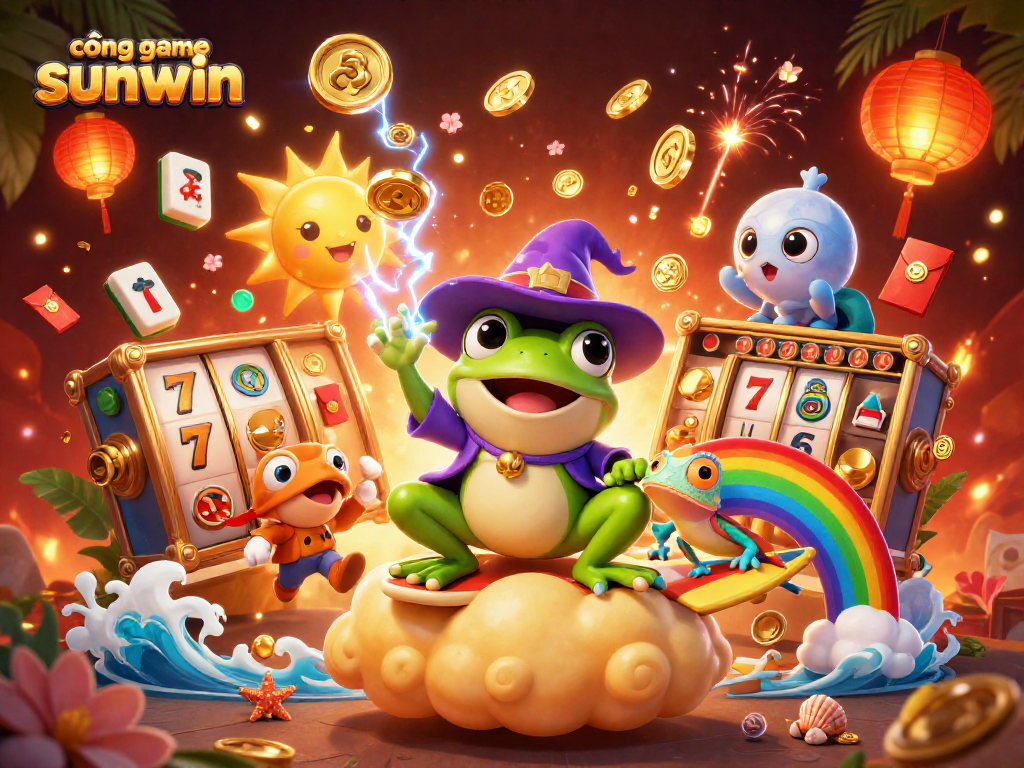 Spin for treasures at cổng game sunwin with colorful characters and festive elements in a lively casino scene.