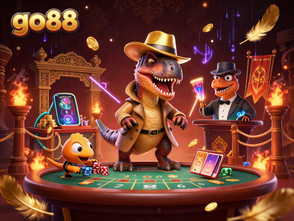Go88 velociraptor card counter at blackjack table, showcasing dynamic gaming elements and characters.