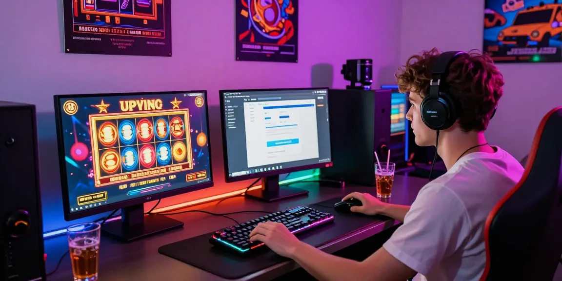 Play slot online in a vibrant gaming setup with LED lights and cheerful atmosphere.