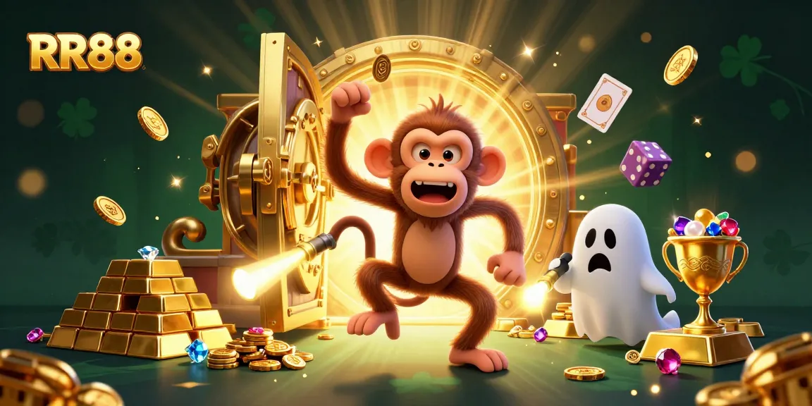 RR88 features a lively poltergeist monkey juggling casino items while a puppy hunts for treasures, showcasing fun gaming.