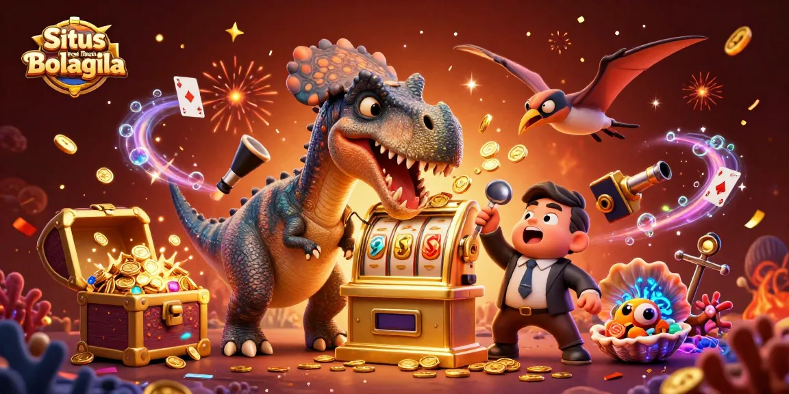 Situs Togel Resmi Bolagila menghadirkan jackpot dengan karakter kartun dinasaurus dalam ilustrasi megah.
