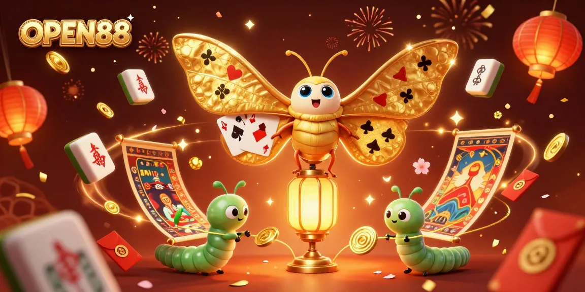 Experience the excitement of OPEN88 with vibrant casino scenes featuring golden moths, festive decorations, and immersive gaming elements.