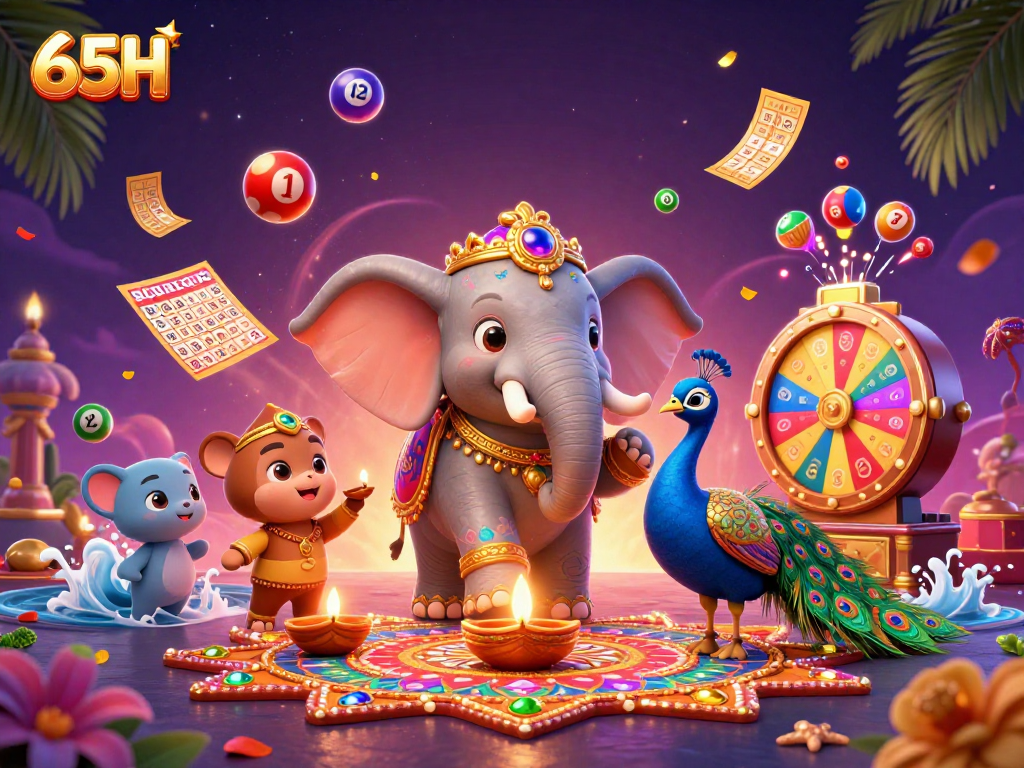 65H anima um emocionante sorteio, com bola de loteria colorida e um elefante decorado.