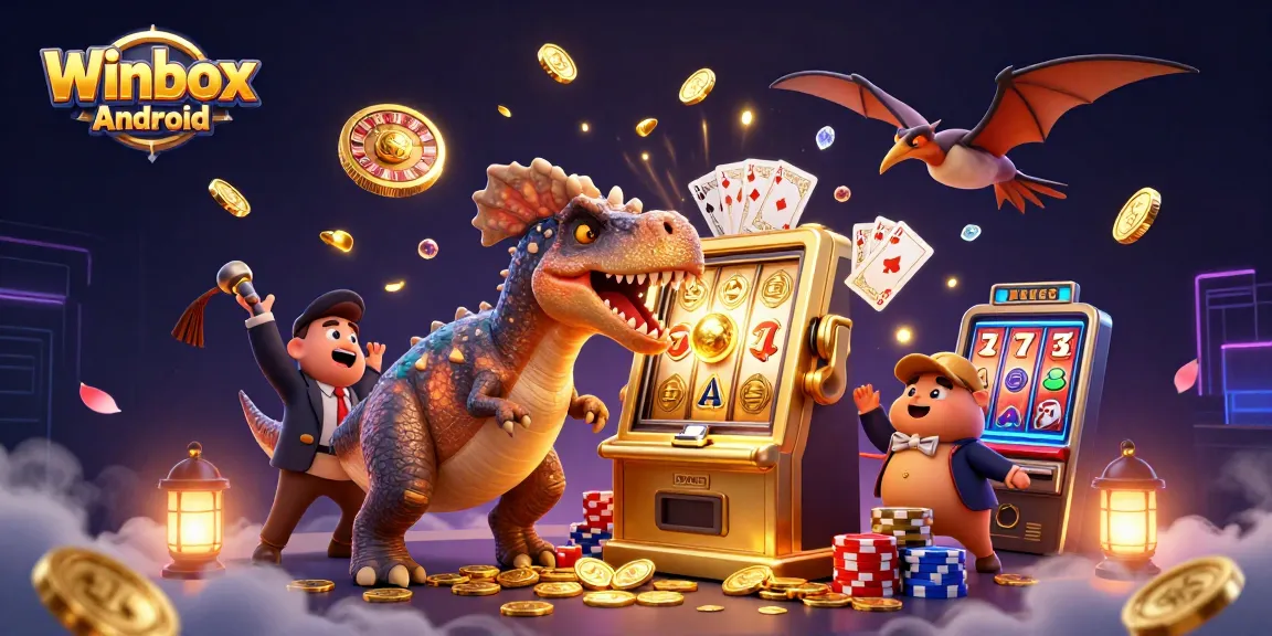 Winbox Android app illustrated with vibrant characters and dynamic casino elements in action.