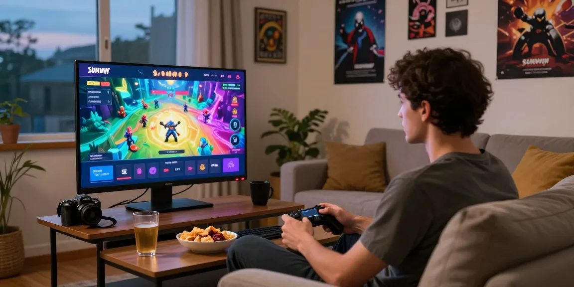 Player immersed in sunwin game on screen, cozy gaming setup.